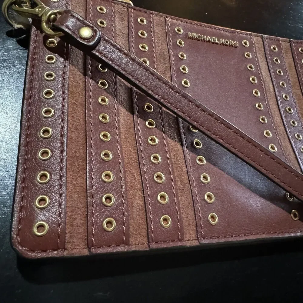 Michael Kors Brooklyn Grommet Medium Phone Wristlet in Leather Brown Brick